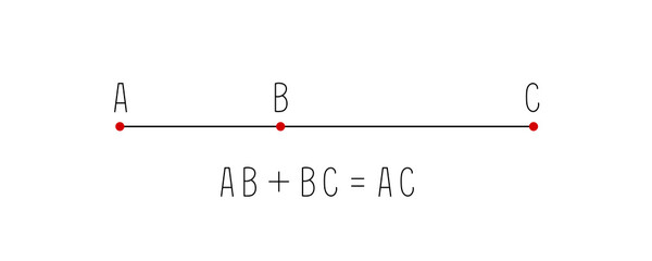 segment addition postulate, straight line segment with three collinear points a, b and c. illustration isolated on white background