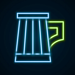 Glowing neon line Wooden beer mug icon isolated on black background. Colorful outline concept. Vector