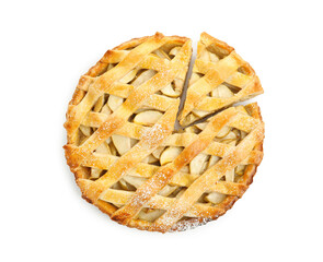 Delicious traditional apple pie isolated on white, top view