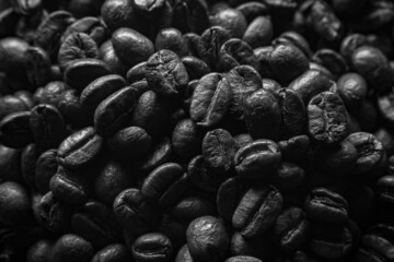 Artistic black and white pile of roasted coffee beans