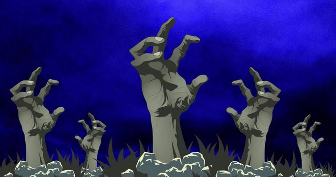 Digital animation of multiple zombie hands against blue smoke effect on black background