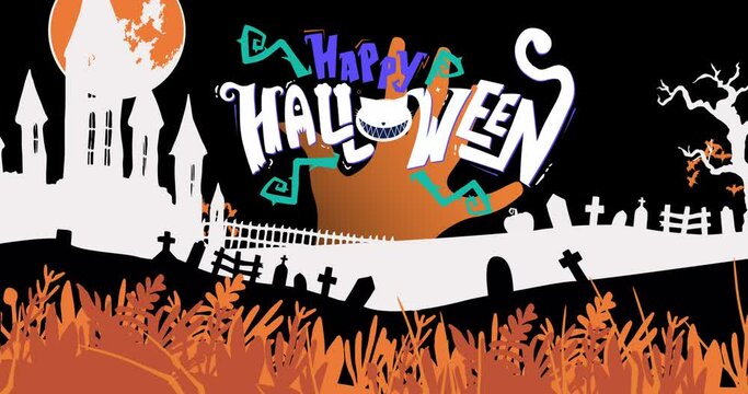 Digital animation of happy halloween text banner against graveyard and castle on black background