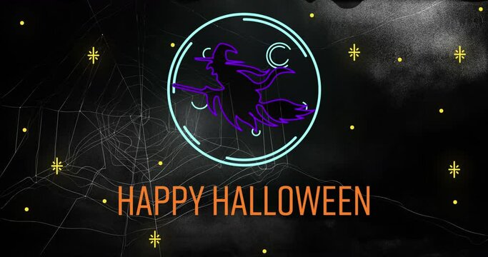Happy halloween text banner and neon witch icon against spider web on black background
