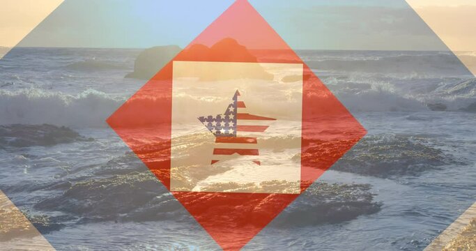 Animation of red, white and blue squares and american flag star over ocean and blue sky