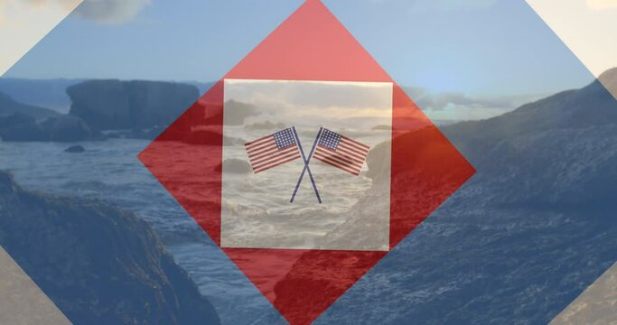 Animation of red, white and blue squares and crossed american flags over rocks and ocean at sundown