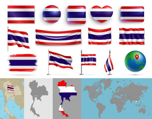 Thailand flags of various shapes and geographic map set. Kingdom of Thailand flags, buttons in patriotic colors, highly detailed map and globe with identification pin realistic vector illustration