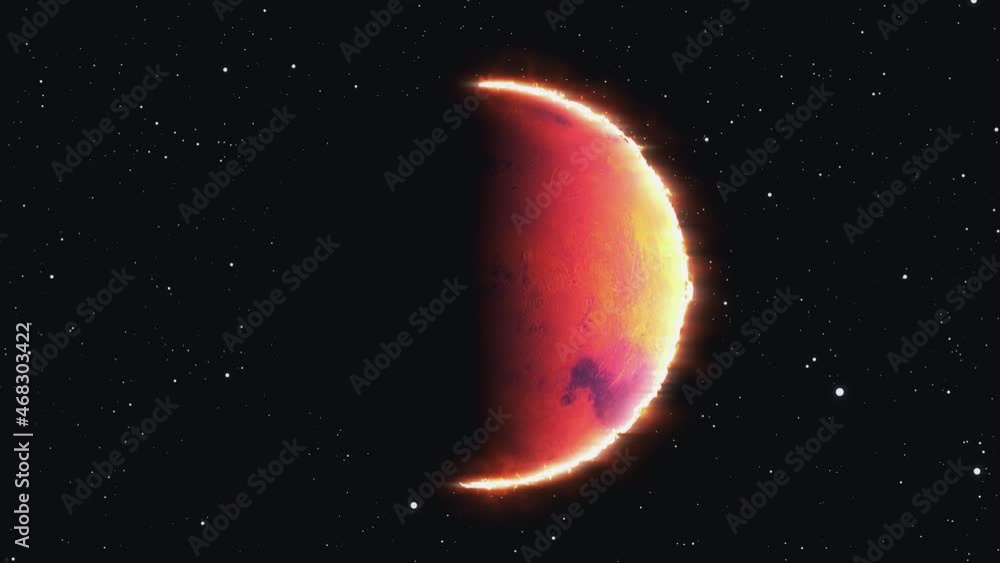 Poster spherical planet in cosmic 3d render of darkness with burning solar side. star travels through galax