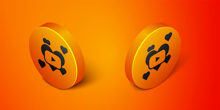 Isometric Romantic movie icon isolated on orange background. Love film. Orange circle button. Vector