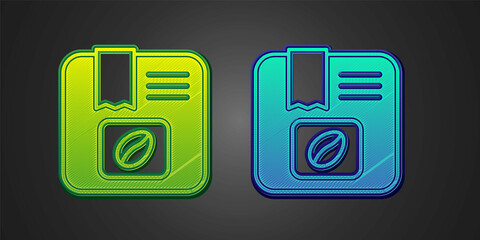 Green and blue Bag of coffee beans icon isolated on black background. Vector