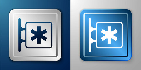 Obraz premium White Medical symbol of the Emergency - Star of Life icon isolated on blue and grey background. Silver and blue square button. Vector