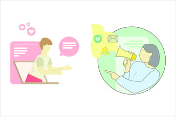 Young girl use communication via the Internet, social networking, chat, video, news, messages, web site, search friends. Vector colorful illustration