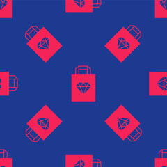 Red Shopping bag jewelry icon isolated seamless pattern on blue background. Vector
