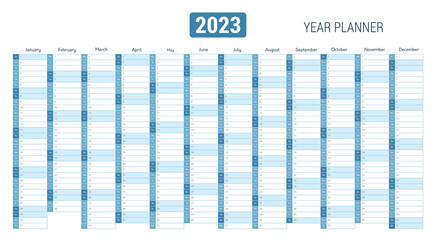 Year planner, calendar for 2023 with monthly vertical grid in minimal blue style. Template planner for schedule, events and holidays. Vector business organizer, calender grid