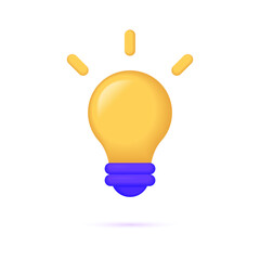 3d cartoon style minimal yellow light bulb icon. Idea, solution, business, creative, electricity, inspiration, strategy concept. Vector illustration design isolated. Simple lamp object symbol. EPS 10