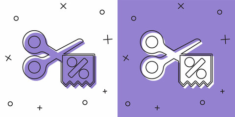 Set Scissors cuts discount coupon icon isolated on white and purple background. The concept of selling in an online supermarket at low prices or half the cost. Vector