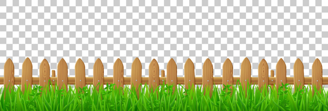 Wooden picket fence and green grass, backyard, garden lawn or grassland landscape. Vector realistic seamless border with barrier with brown wood texture and summer meadow plants
