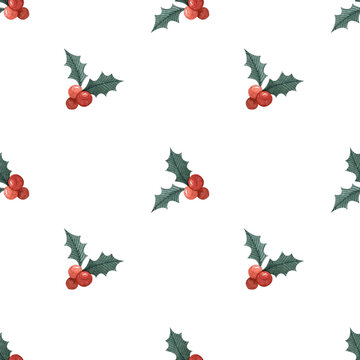 Seamless pattern with watercolor christmas holly.