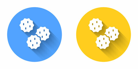 White Cookie or biscuit with chocolate icon isolated with long shadow background. Circle button. Vector