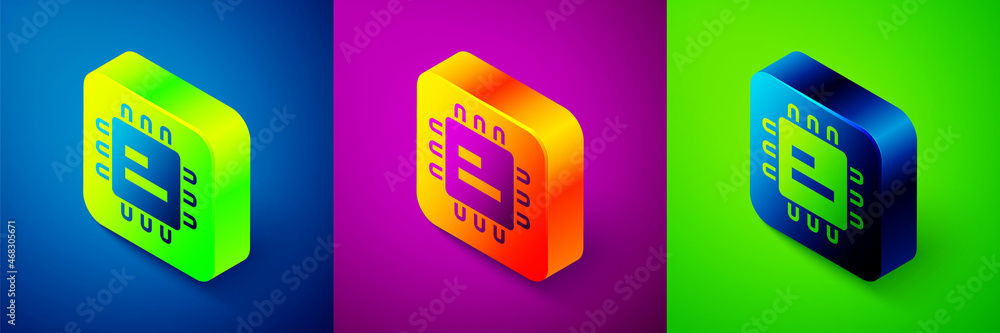 Poster isometric computer processor with microcircuits cpu icon isolated on blue, purple and green backgrou