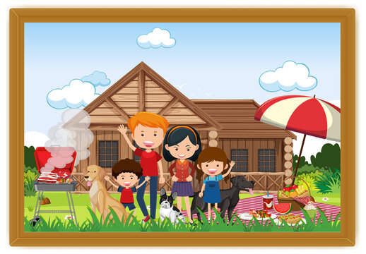 Happy family picnic outdoor scene in a photo frame