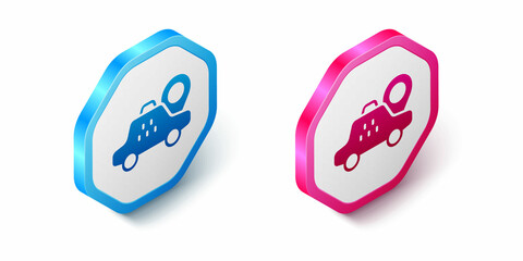 Isometric Map pointer with taxi car icon isolated on white background. Location symbol. Hexagon button. Vector