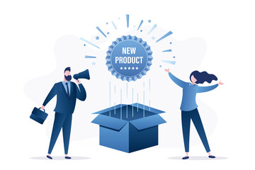 Happy businesspeople presenting new product. Opened cardboard box with big tag. Business promotion, marketing campaign. Creative persons or developers of new startup product.