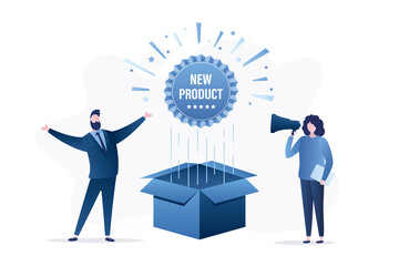 Confident businesspeople presenting new product. Opened cardboard box with big tag. Business promotion, marketing campaign. Presentation event. Two creative persons or developers.
