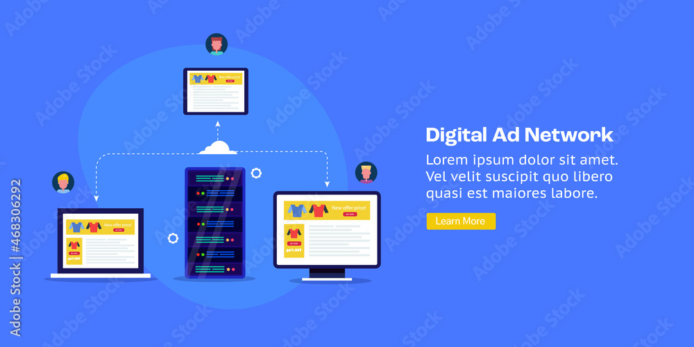 Poster digital ad network, programmatic media advertising, cloud server distributing ads to digital devices