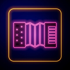Glowing neon Musical instrument accordion icon isolated on black background. Classical bayan, harmonic. Vector