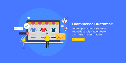 Fototapeta premium Flat design concept of online shopping, ecommerce website, customer online purchase concept. Internet technology, character buying fashion clothing online.