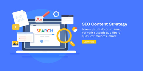 SEO content strategy, optimized content for search engine audience, search content marketing, seo copy writing concept, web banner template with blue background.