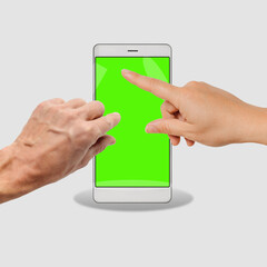 Male zooming and female hand scrolling page on green smartphone display