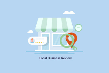 Local business review on search result, customer review, business listing, local shop location map, customer rating and feedback, seo marketing  conceptual tech art. Web banner template. - obrazy, fototapety, plakaty
