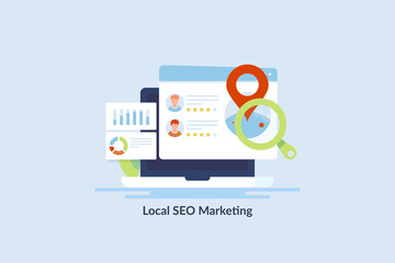 Local seo marketing strategy, local business with map location and customer review, local seo optimization,  business communication technology concept. Flat design web banner.