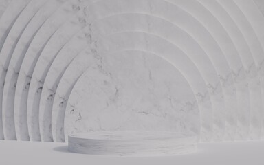 Fototapeta premium Abstract scene background. Cylinder podium on marble background. Product presentation, mock up, show cosmetic product, Podium, stage pedestal or platform. 3d rendering.