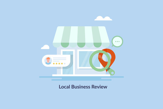 Local Business Review On Search Result, Customer Review, Business Listing, Local Shop Location Map, Customer Rating And Feedback, Seo Marketing  Conceptual Tech Art. Web Banner Template.