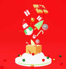 3d render Christmas theme illustrtion on red background with coloring geomenty ball