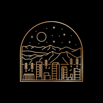 recommend clip art: A view of a Colorado city under a mountain in mono line art ,badge patch pin graphic illustration, vector art t-shirt design