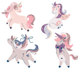 Cute Unicorns Set. Fantastic animal. Nursery prints. Design for postcards, posters, T-shirts, invitations, baby shower, birthday, room decor. Hand draw Vector illustration.