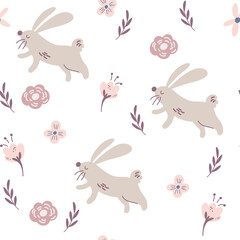 Cute rabbits and flowers seamless pattern. Seamless background for nursery, baby and kids products, fabric, stationery, textile. Spring and easter theme. Hand draw Vector illustration.