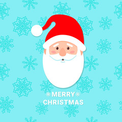 Santa Claus 's head on a blue background with the text merry Christmas . Seamless blue background with snowflakes.