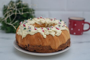 christmas bundt cake with vanilla, chocolate and candy canes