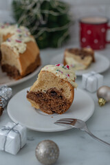 christmas bundt cake with vanilla, chocolate and candy canes