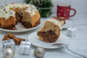 christmas bundt cake with vanilla, chocolate and candy canes