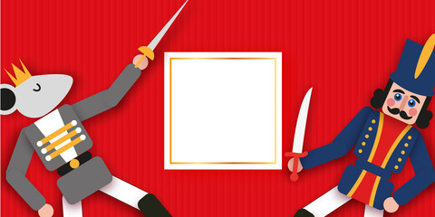 Nutcracker and Mouse King. Merry Christmas party. Happy New Year figurine. December ballet party. Vintage toys paper craft style. © masherdraws