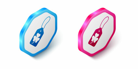 Isometric Clover trefoil leaf with tag icon isolated on white background. Happy Saint Patricks day. National Irish holiday. Hexagon button. Vector