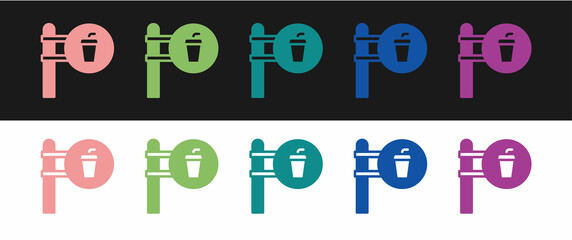 Set Cafe and restaurant location icon isolated on black and white background. Fork and spoon eatery sign inside pinpoint. Vector.