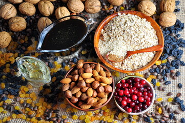 Ingredients for Granola. Muesli with nuts, raisins and cranberries..