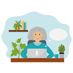 Obraz na płótnie Canvas Happy grandmother character with laptop sitting by the the table isolated on white. Old retired woman using computer for communication, education, shopping online. Flat vector illustration