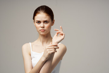 disgruntled woman arm pain arthritis chronic disease isolated background